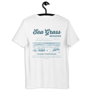 Seagrass Meadows T-shirt featuring a coastal seagrass illustration highlighting the importance of marine habitat conservation.