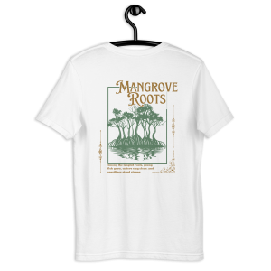 Mangrove Roots T-shirt featuring an illustrated mangrove root system highlighting the importance of coastal ecosystem conservation.