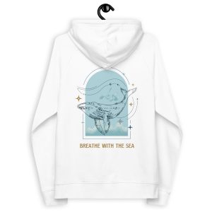 White sweatshirt hoodie with an ocean conservation phrase with a humpback whale